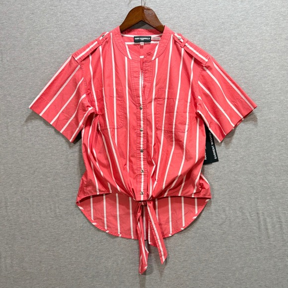 Karl Lagerfeld Paris Tops - Karl Lagerfeld Paris Striped Tie Front Shirt Womens XS Coral Pink Nautical
